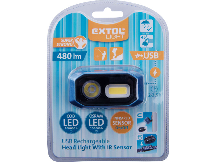 EXTOL ČELOVKA 480LM OSRAM + COB NABÍJATEĽNÁ 3.7V / 1.4AH LION USB POHYBOVÝ SENZOR