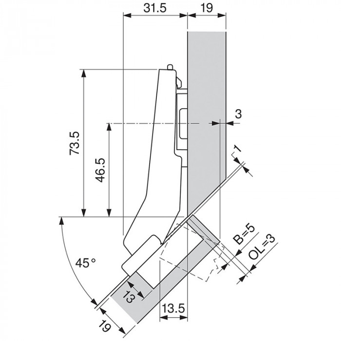 BLUM 79B3598 ZÁVES CLIP TOP BLUMOTION NALOŽENÝ S PEROM BRZ INS UHL.ZÁVES +45° II  110°