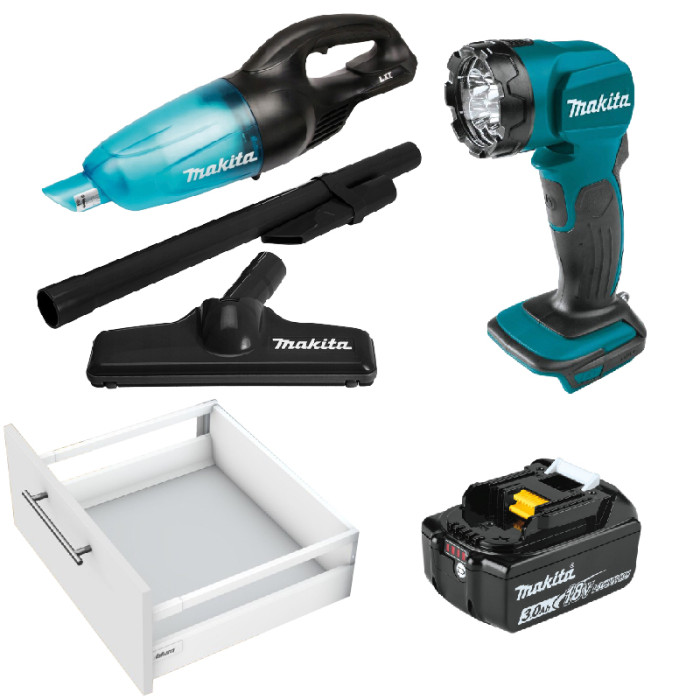 BLUM AKCIA ANTARO TANDEMBOX BIELA 500 (7M+13D)+MAKITA LAMPA DML815+VYS.DCL180ZB+AKU BL1830B 18V/3AH