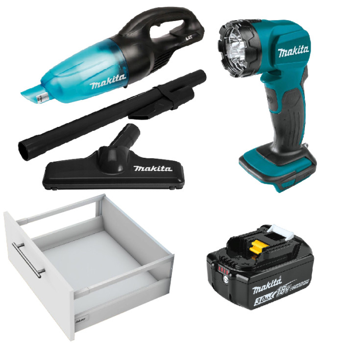 BLUM AKCIA ANTARO TANDEMBOX ŠEDÁ 500 (7M+13D)+MAKITA LAMPA DML815+VYS.DCL180ZB+AKU BL1830B 18V/3AH