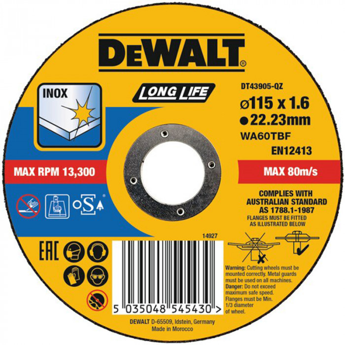 DEWALT KOTÚČ REZNÝ TYP 1 - PLOCHÝ NEREZ 115 X 22 2 X 1 6MM DT43905