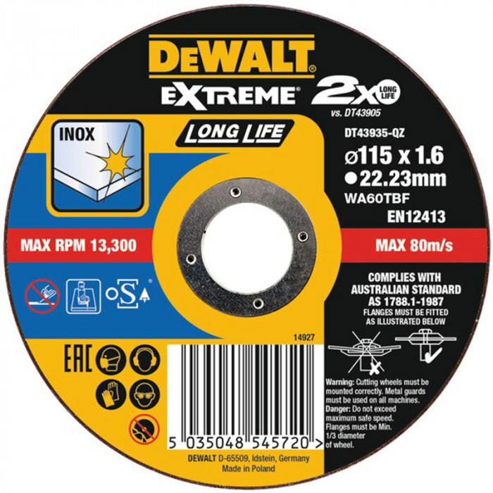 DEWALT KOTÚČ REZNÝ EXTREME TYP 1 - PLOCHÝ NEREZ 115 X 22 2 X 1 6MM DT43935