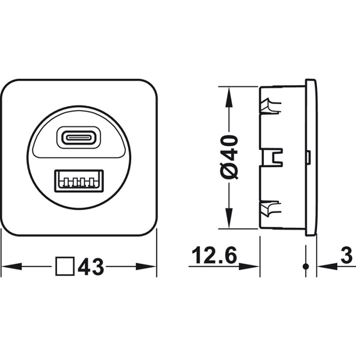 HÄFELE NABÍJACIA JEDNOTKA, 12V, 1 X USB-A + 1 X USB-C, 833.73.808, ČIERNA