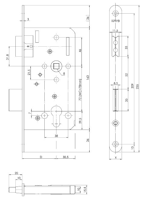 KFV ZÁMOK ZADLABÁVACÍ MAGNET 116-1/2WC/55D/78 18MM