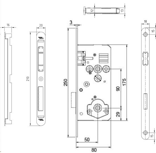 ZÁMOK ZADLABÁVACÍ DORMAKABA CLUDO + PROTIKUS WC 80/50D/90 18MM ČIERNY MAT