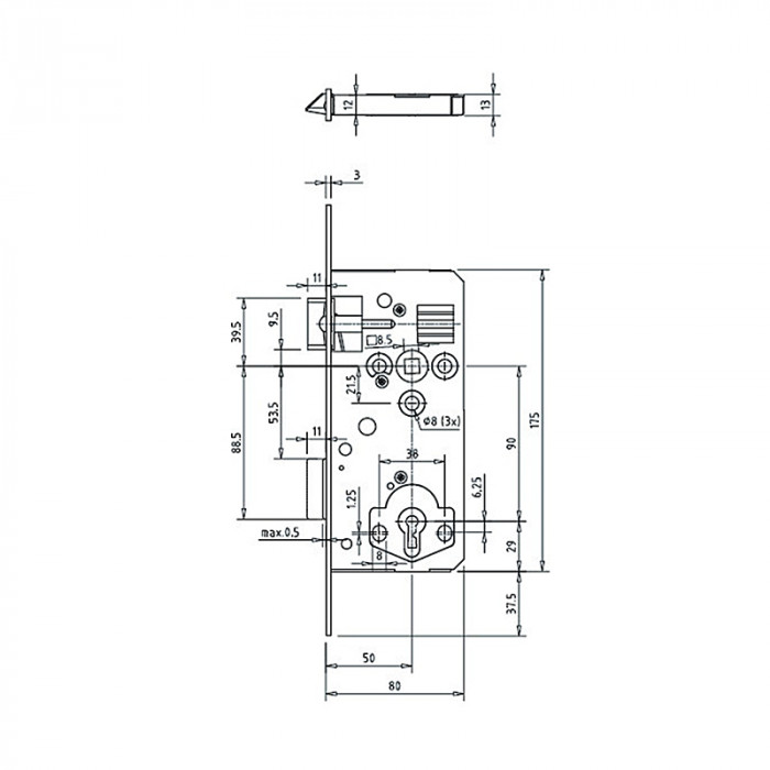 ZÁMOK ZADLABÁVACÍ DORMAKABA 121 WC 80/50D/90 18MM STRIEBORNY