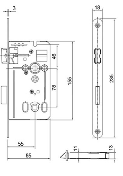 ZÁMOK ZADLABÁVACÍ DORMAKABA DIN 170 WC 85/55D/78 ERGO 18MM STRIEBORNY