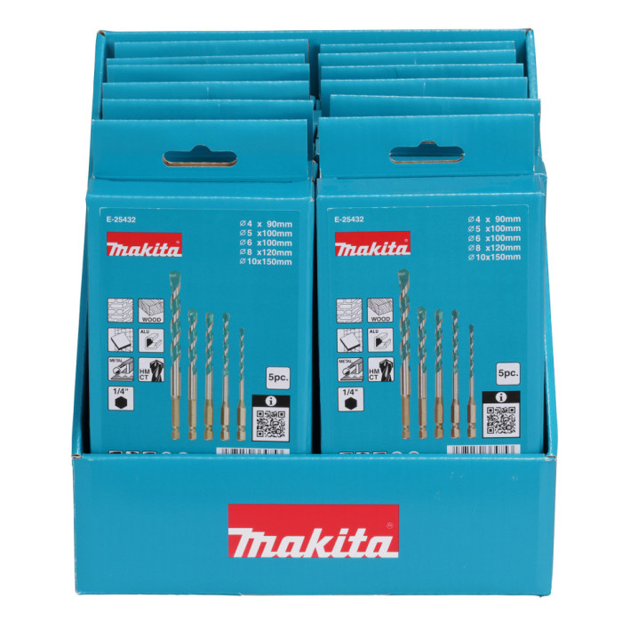 MAKITA SADA VRTÁKOV S HROTOM  HM/CT S UPÍNANÍM 1/4" PRE ROZNE TYPY MATERIÁLOV 4X10MM 12KS E-25373-12